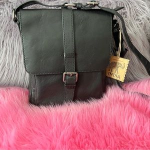 Indian Artisan Black Leather Crossbody Bag. Made In India,